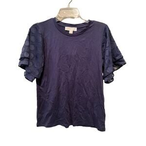 Michael Kors Blouse Top Women SZ L Blue Polka Dot Ruffle Short Sleeve Crew Neck